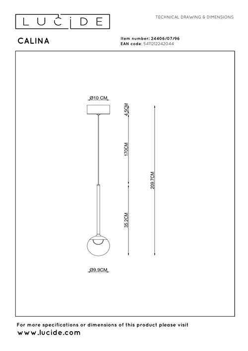 Lucide CALINA - Hanglamp - Ø 9,9 cm - LED Dimb. - CCT - 1x7W 2200K/3300K - Met vervangbare LED-module - Koffie | Premium - technisch